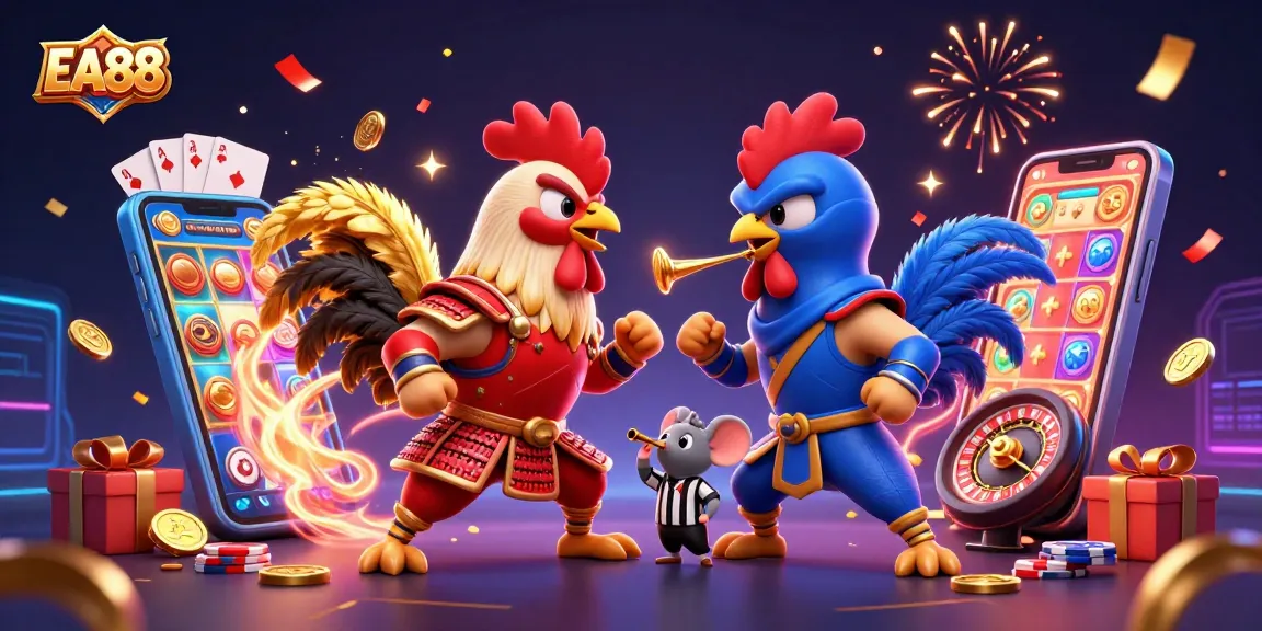 EA88 showcases thrilling cockfighting battles in an exciting 3D casino-themed illustration.