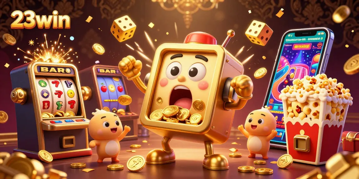 Experience the excitement of 23win with vibrant slot machines hitting jackpots amidst a dazzling casino scene.