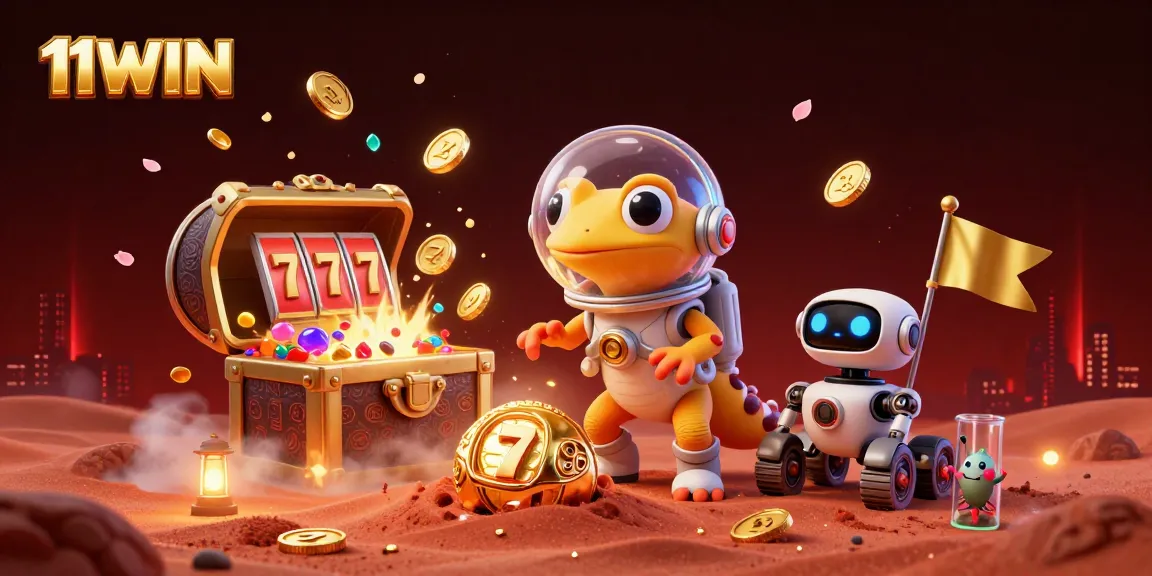Illustration of 11WIN casino adventure with Martian gecko, showcasing vibrant gold treasures.