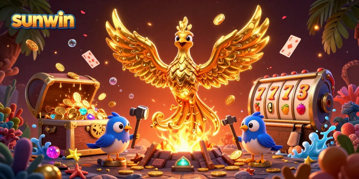 Win big with sunwin as a golden phoenix showers coins from a treasure chest in an exciting casino scene.